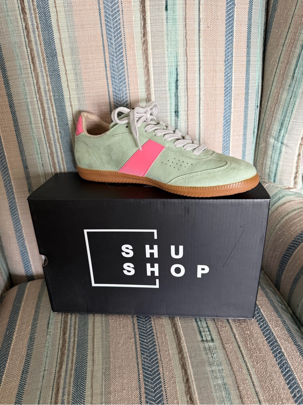 ShuShop Green Suede Sneakers with Pink Accent and Gum Sole